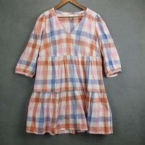 Hanna‎ Andersson Tiered A Line Dress Womens Large Multi Gingham Balloon Sleeve